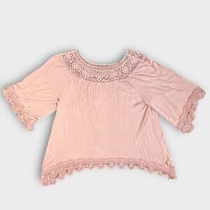 EYESHADOW PINK GAUZE CROCHET BOHO BLOUSE FLOWY HALF SLEEVE SIZE LARGE